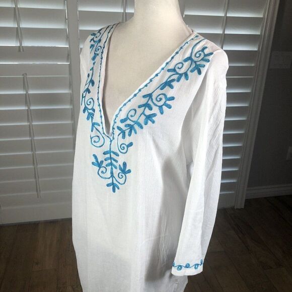 Just Bee White Beach Top Swim Cover L 100% Cotton Gauze 3/4 Sleeve Turquoise - Picture 7 of 12
